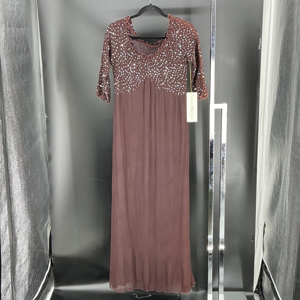 Chic Brown Maxi Dress with Embellished Bodice